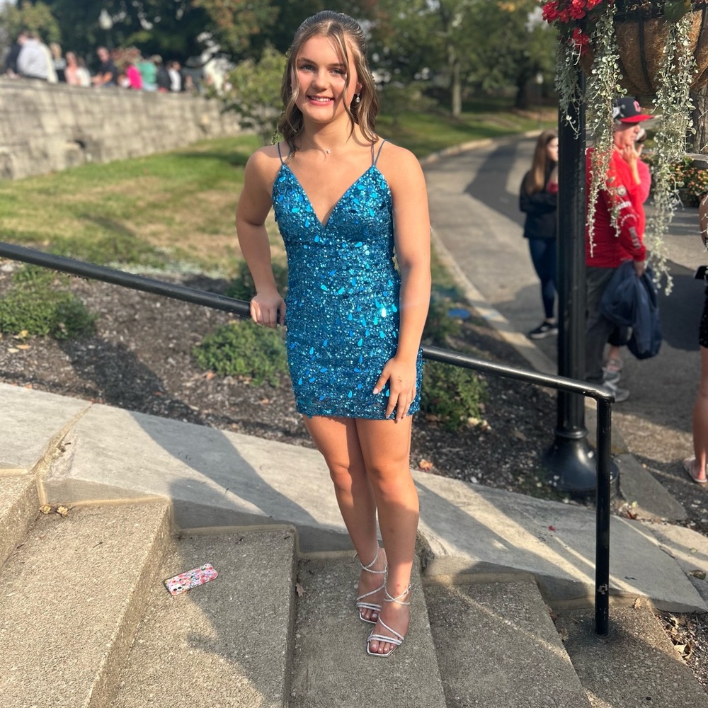 Sherri Hill Turquoise Sequin Mini Dress